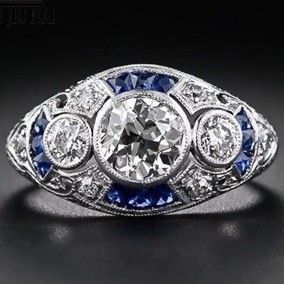 Jewelry - 925 Sterling Art Deco Blue and White Sapphire Ring